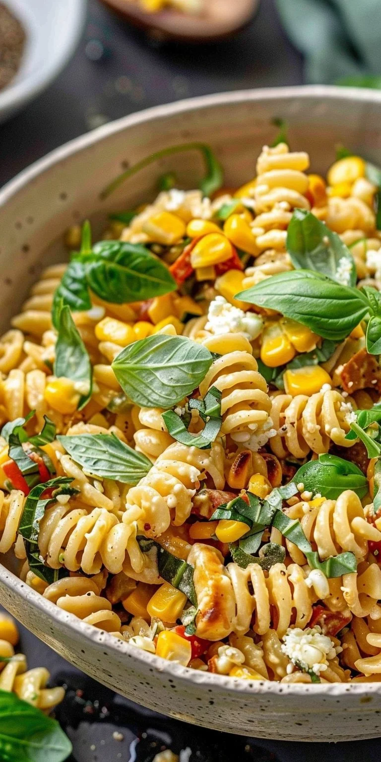 Juicy street corn pasta salad with fresh ingredients and vibrant flavors.