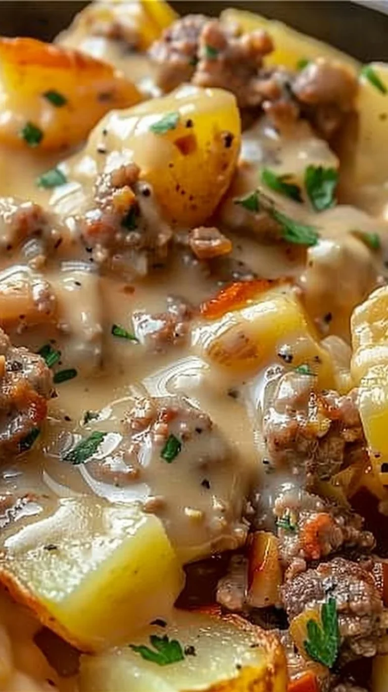 Delicious one-pan creamy meat and potato skillet dish on a wooden table