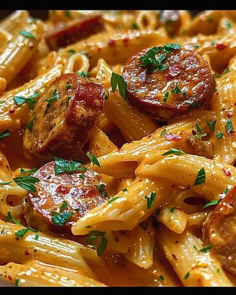 One-Pot Creamy Spicy Cajun Sausage Pasta with vibrant ingredients in a skillet