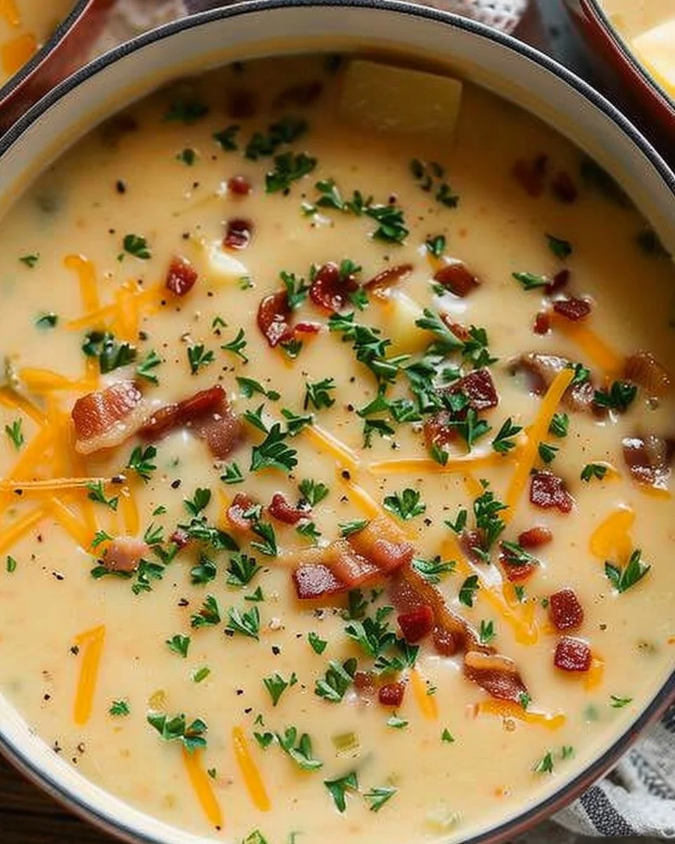 Bowl of creamy Outback potato soup topped with green onions and crispy bacon