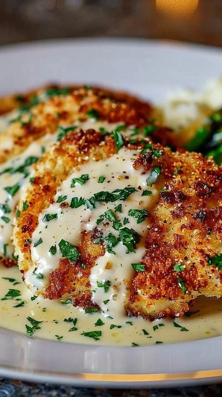 Delicious Parmesan Crusted Chicken with creamy garlic sauce on a plate