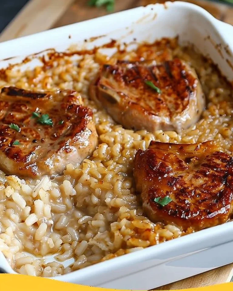 Delicious Pork Chop Casserole topped with crispy breadcrumbs and vegetables.