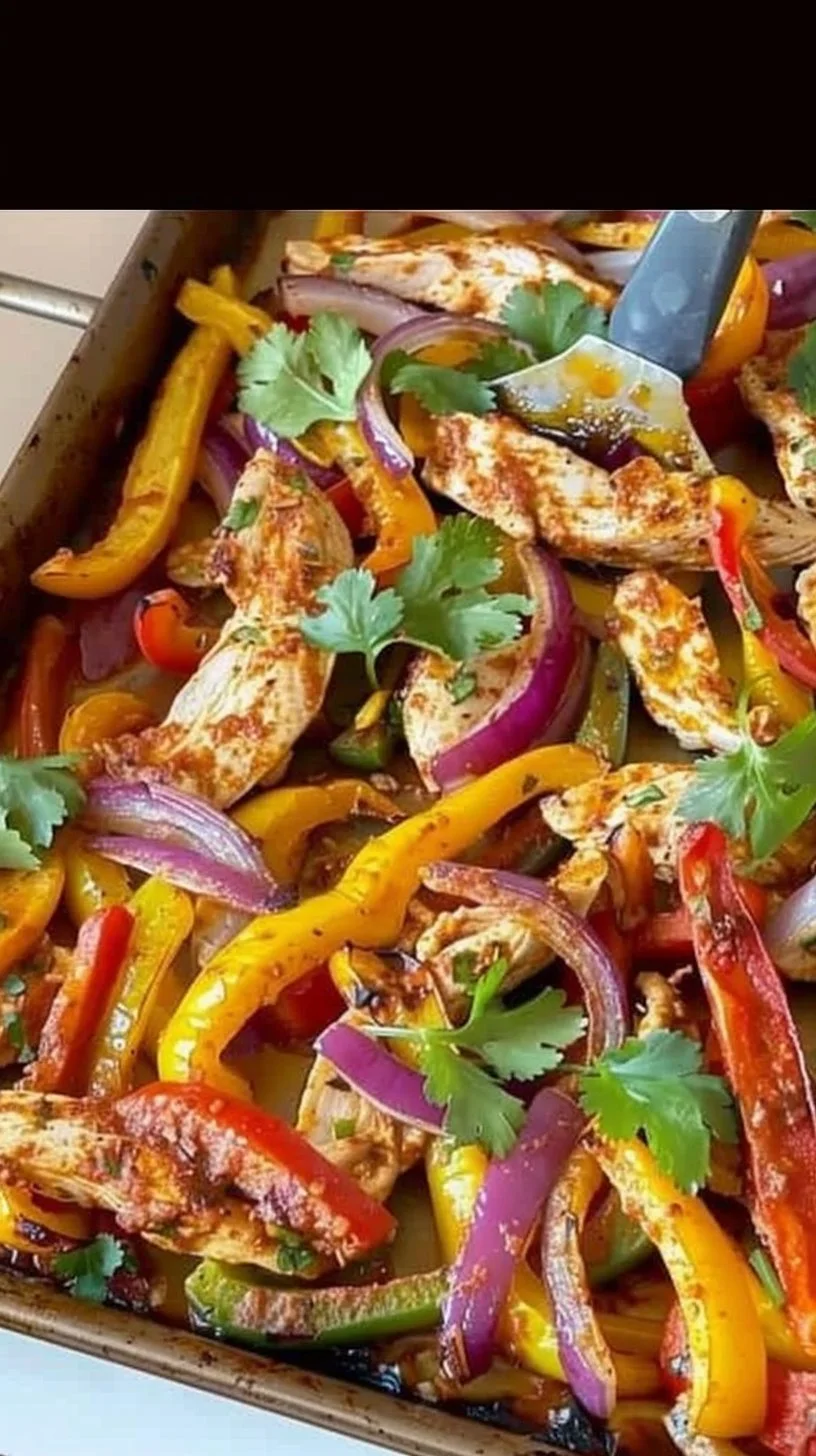 Sheet Pan Chicken Fajitas with colorful peppers and onions on a baking sheet