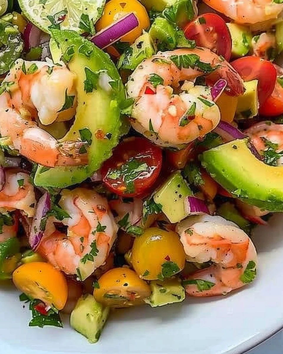 Delicious shrimp salad with fresh vegetables and dressing