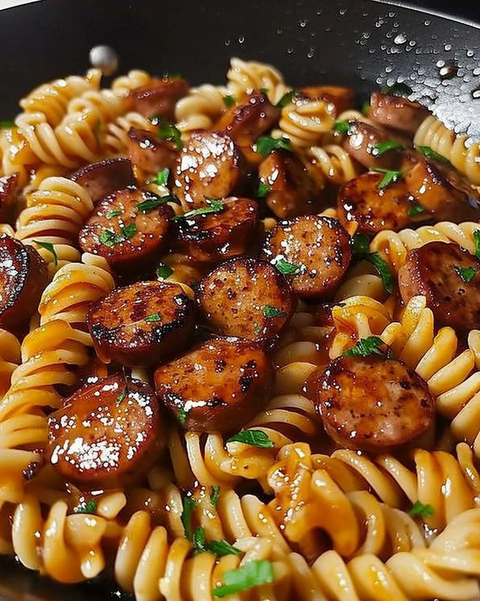 Sticky Honey Garlic Sausage Pasta Skillet served in a pan