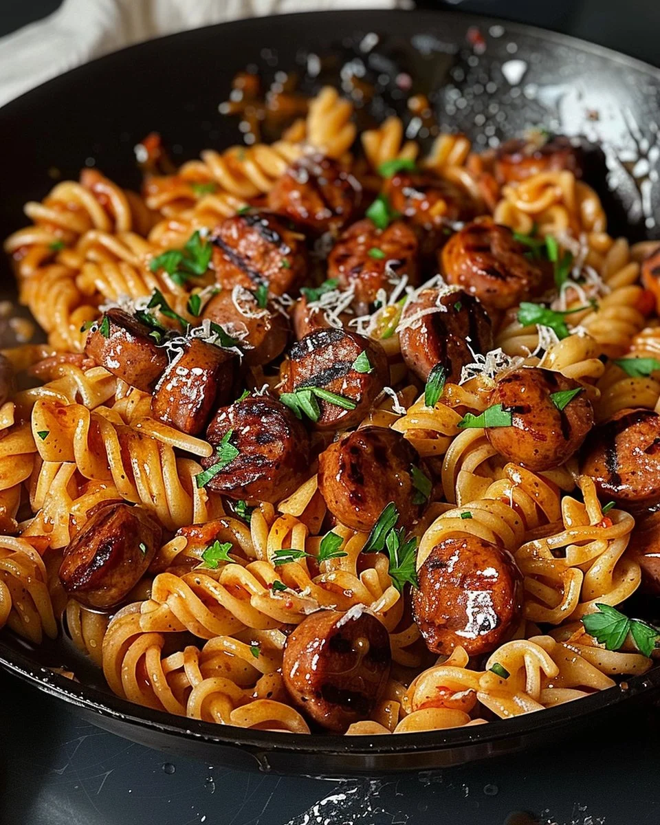 Sticky Honey Garlic Sausage Pasta Skillet