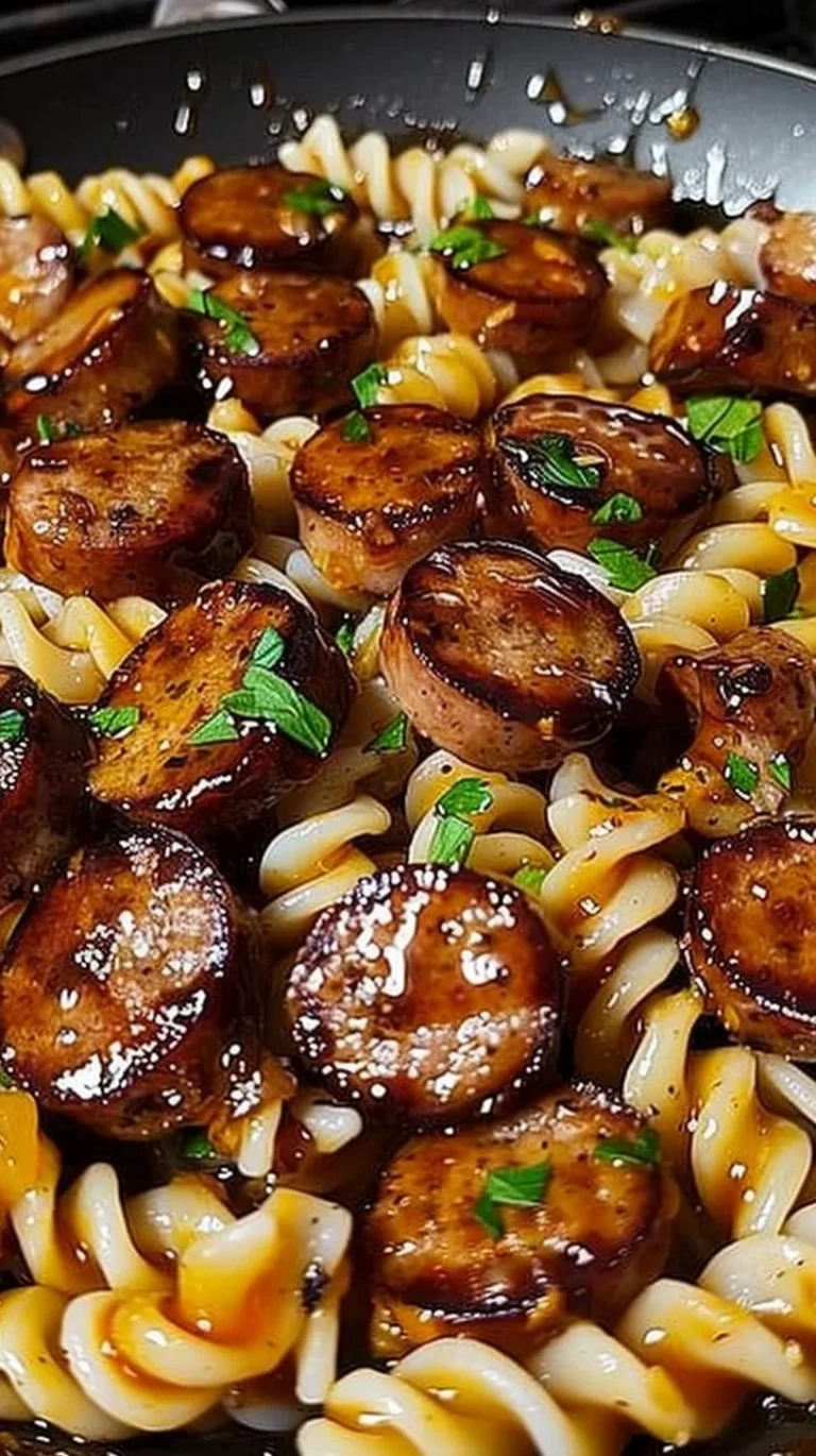 Sticky Honey Garlic Sausage Pasta Skillet dish served in a bowl