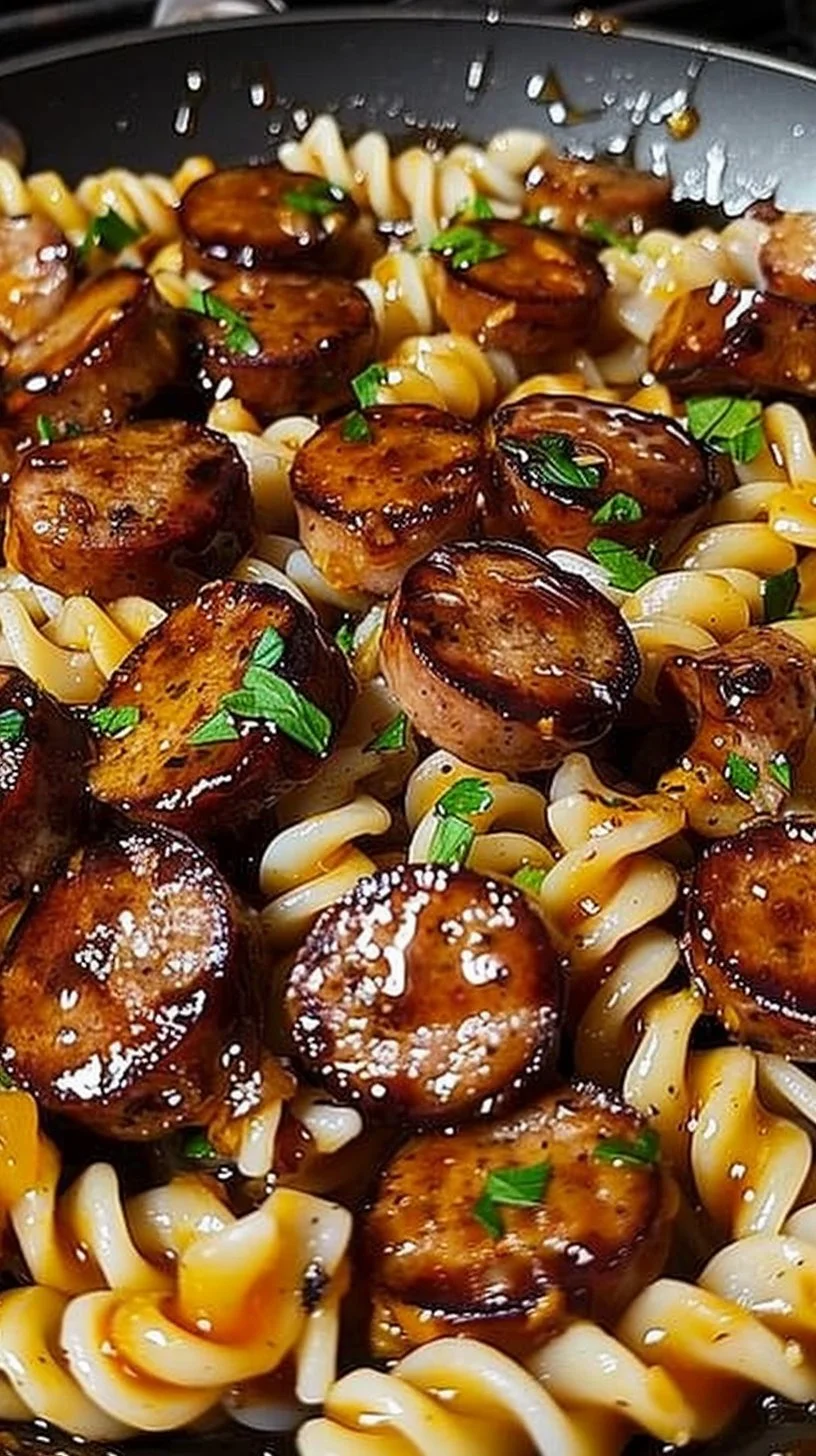 Sticky Honey Garlic Sausage Pasta Skillet dish served in a bowl