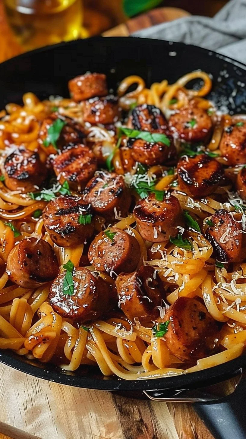 Sticky Honey Garlic Sausage Pasta Skillet
