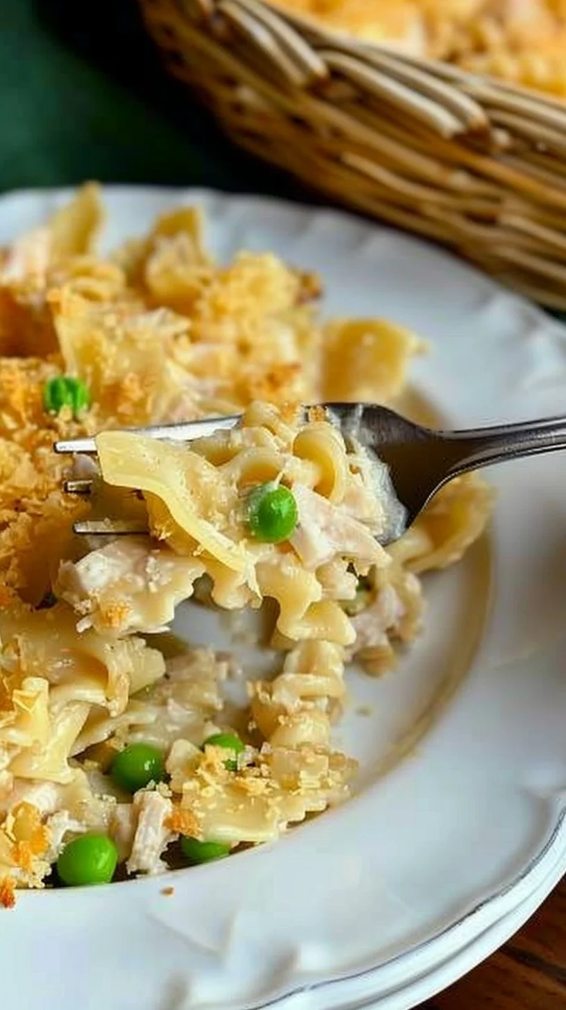 Delicious Tuna Noodle Casserole served in a baking dish with a golden top.
